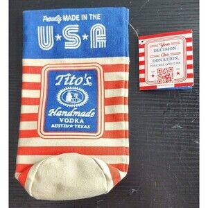 Tito's Handmade Vodka Red White & Blue Burlap Drawstring Bag  10" Embroidered
